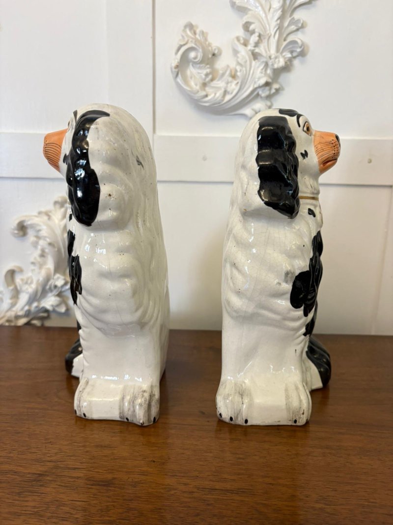 Antique Pair of Staffordshire Black & White Spaniel Dogs